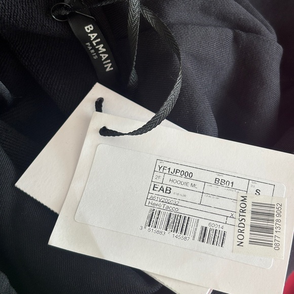 NWT • Balmain • Women's Flocked Logo Cotton Crop Hoodie • Noir Blanc • Small - Picture 2 of 4